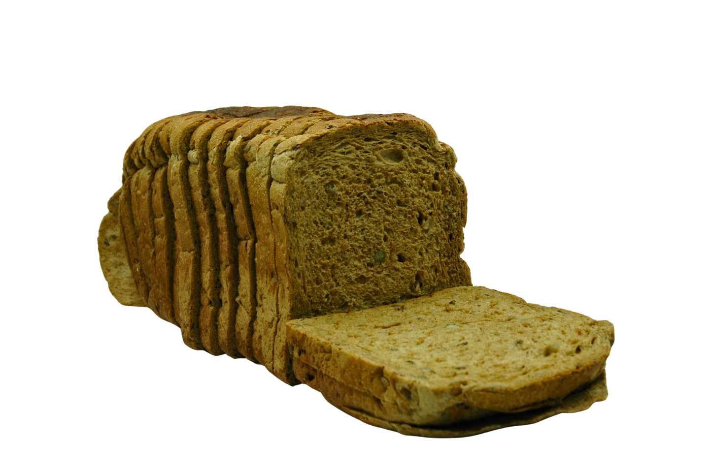 Loaf of whole wheat seeded bread sliced on a white background