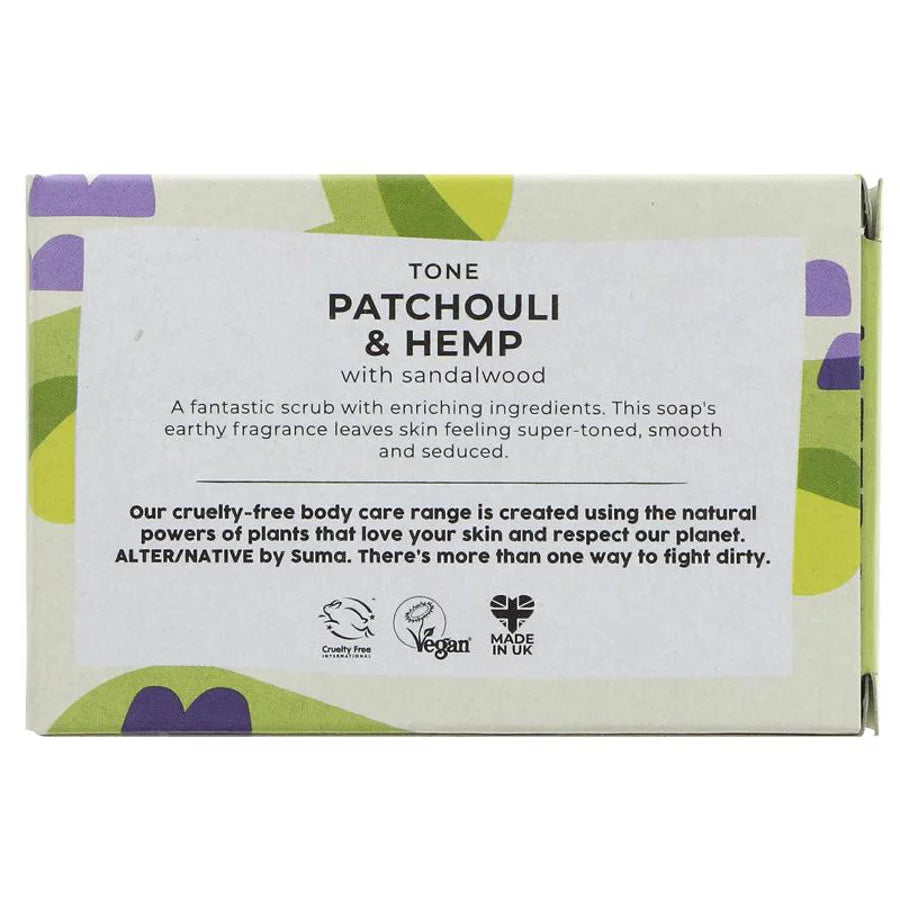 back of the box for Patchouli & Hemp soap by ALTER/NATIVE