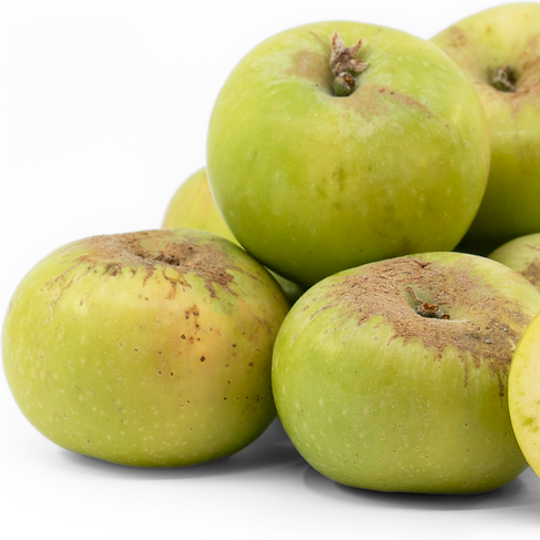 Green apples with brown spots on a white background