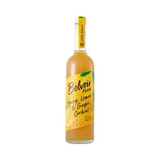Bottle of Belvoir Farm Honey, Lemon & Ginger Cordial on a white background