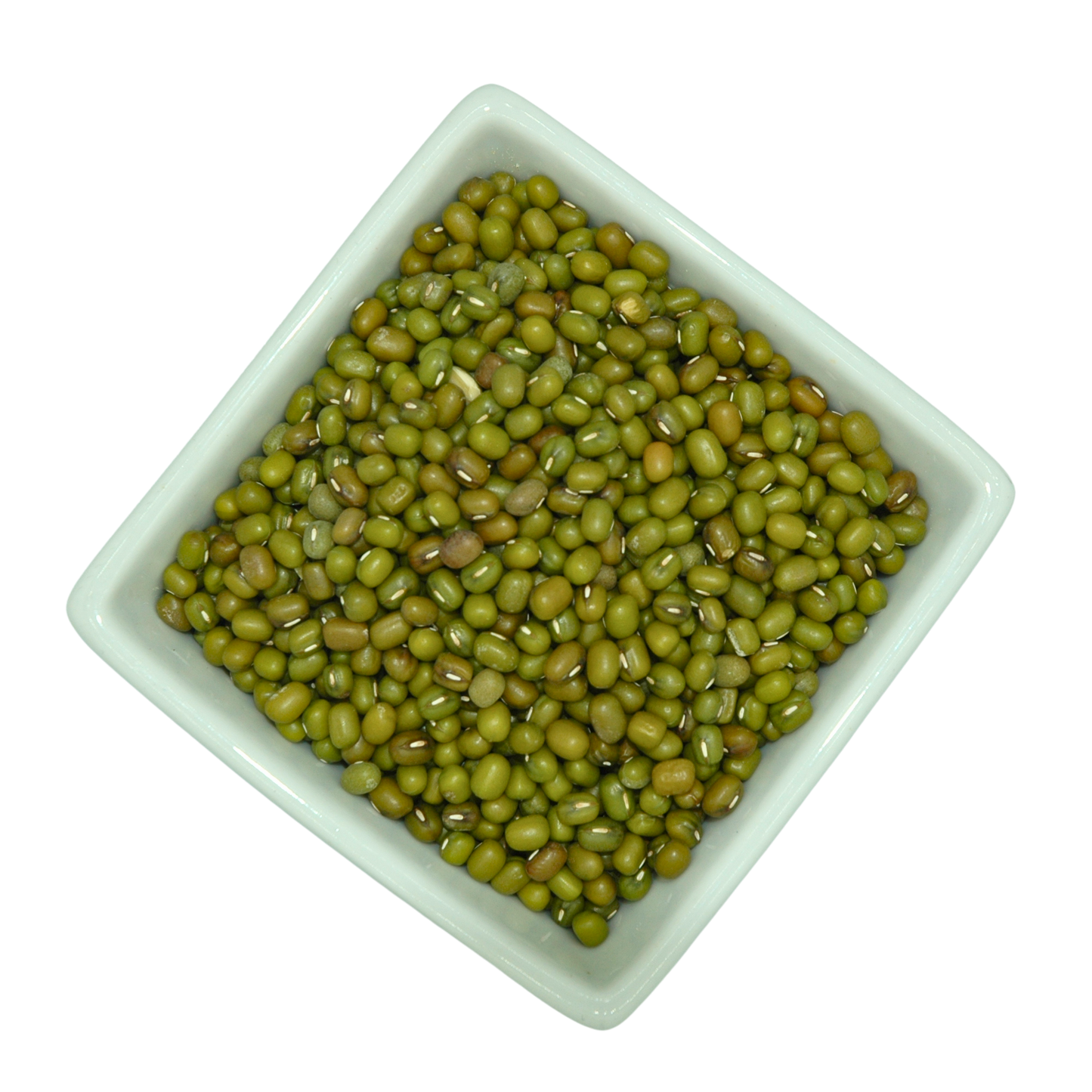 White bowl filled with green mung beans on a white background