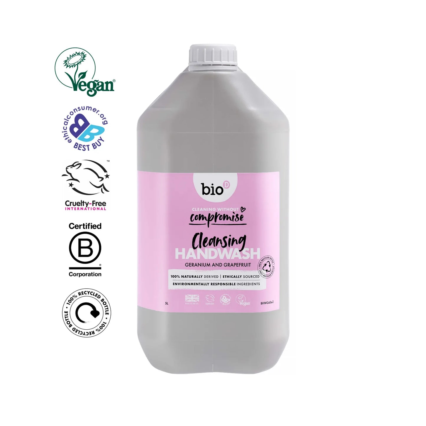Bottle of cleansing handwash with multiple certification logos on a white background