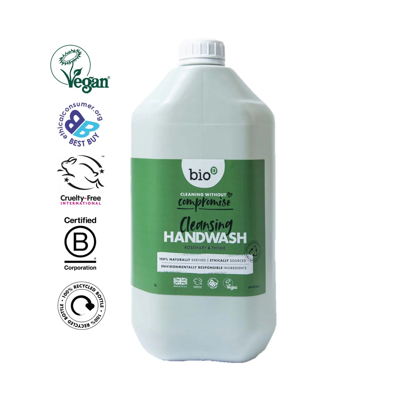 Large bottle of cleansing bio d handwash with various certification logos on a white background