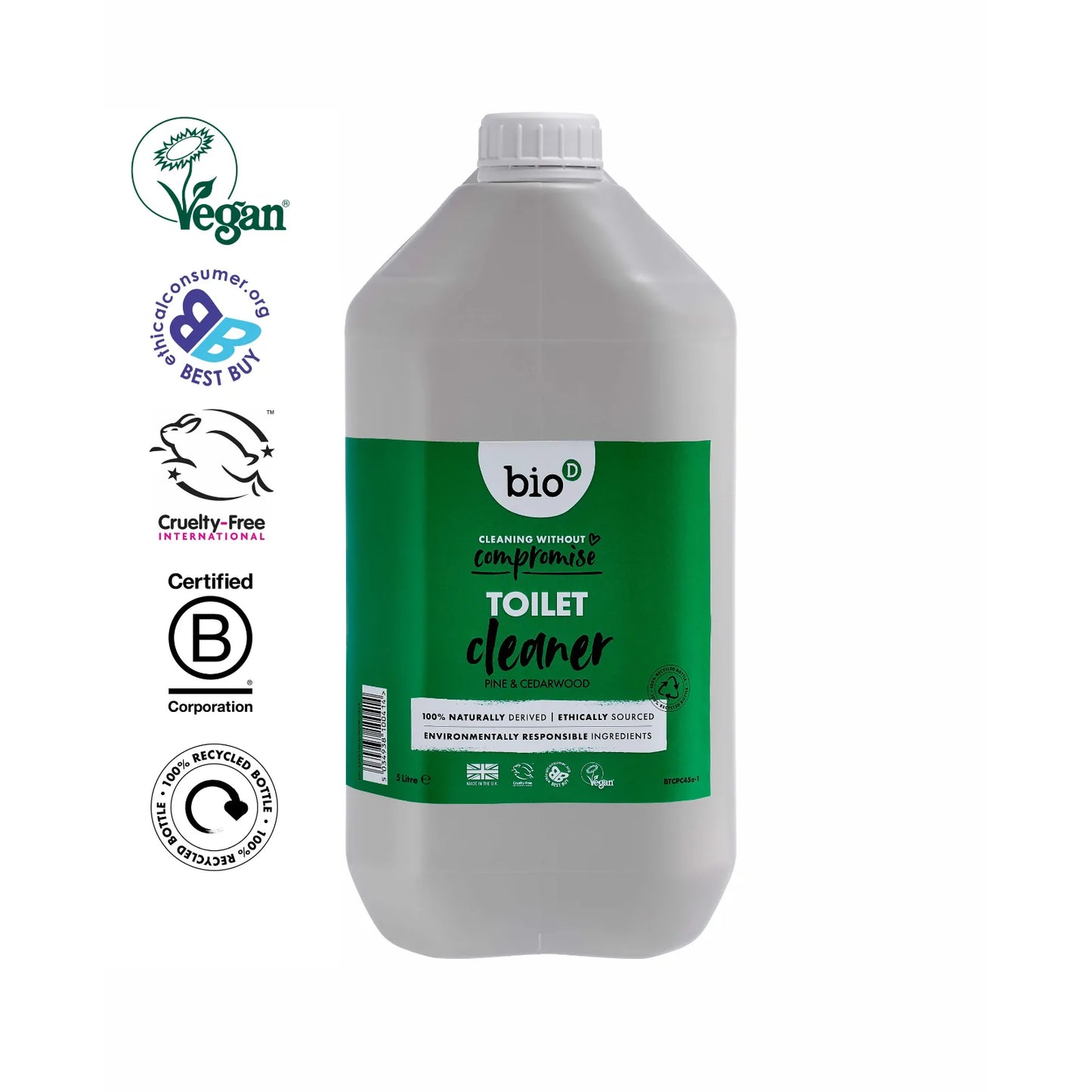 Bottle of bio d toilet cleaner with multiple certification logos on a white background