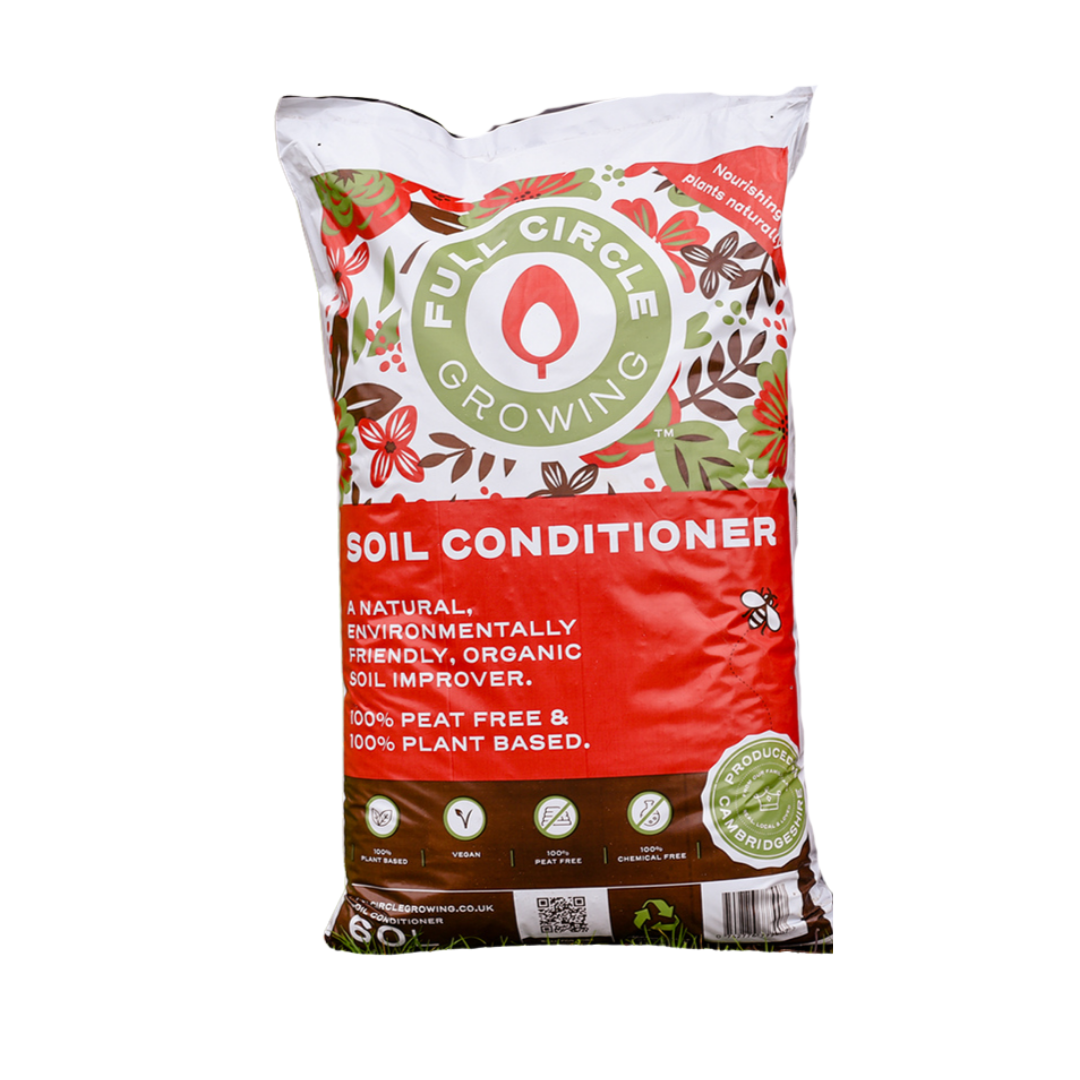 A red bag with white and brown designs and text.