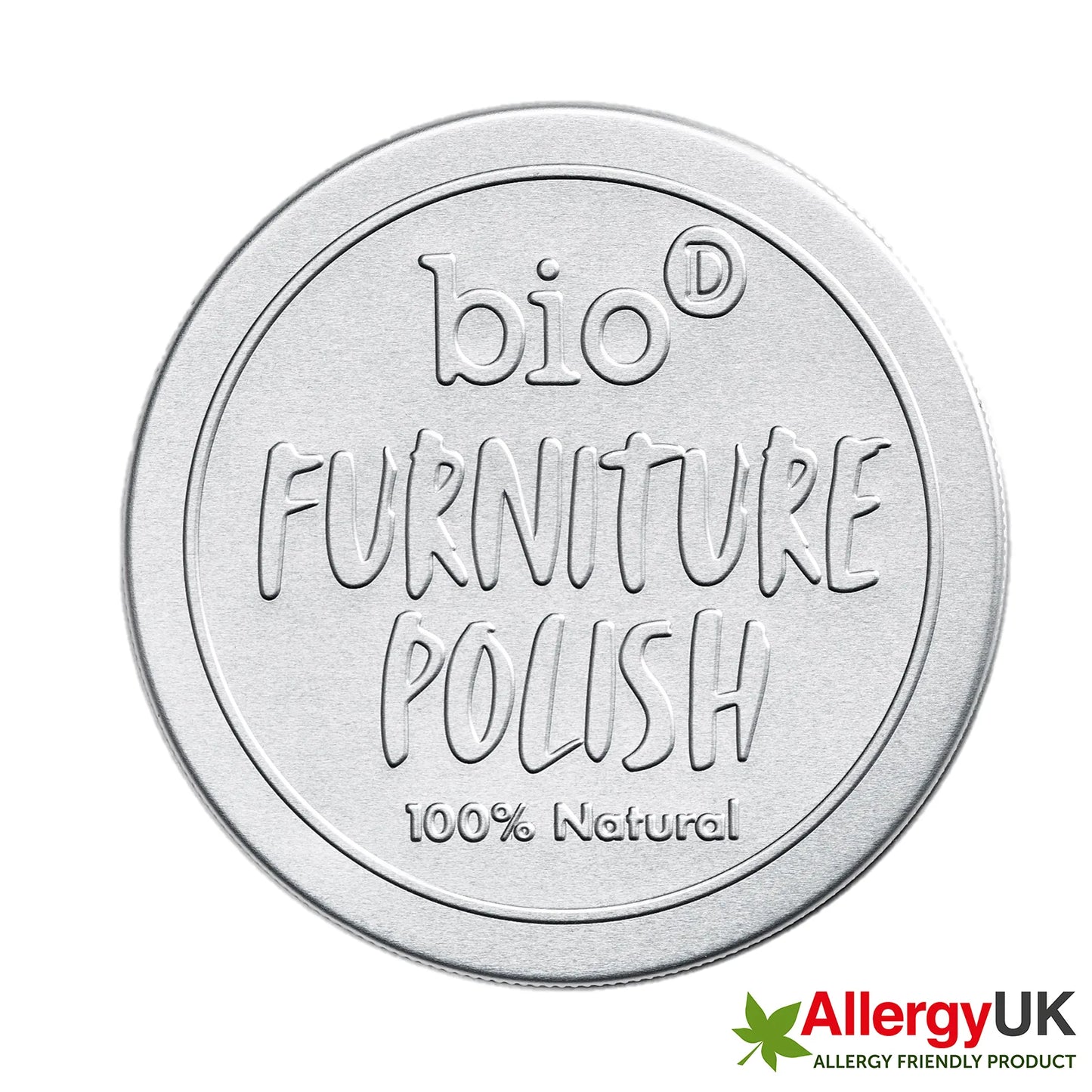 Circular container lid for bio furniture polish with '100% Natural' text on a white background.