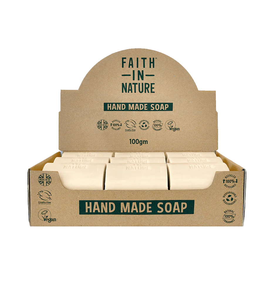 Box of Faith in Nature hand made soap on a white background