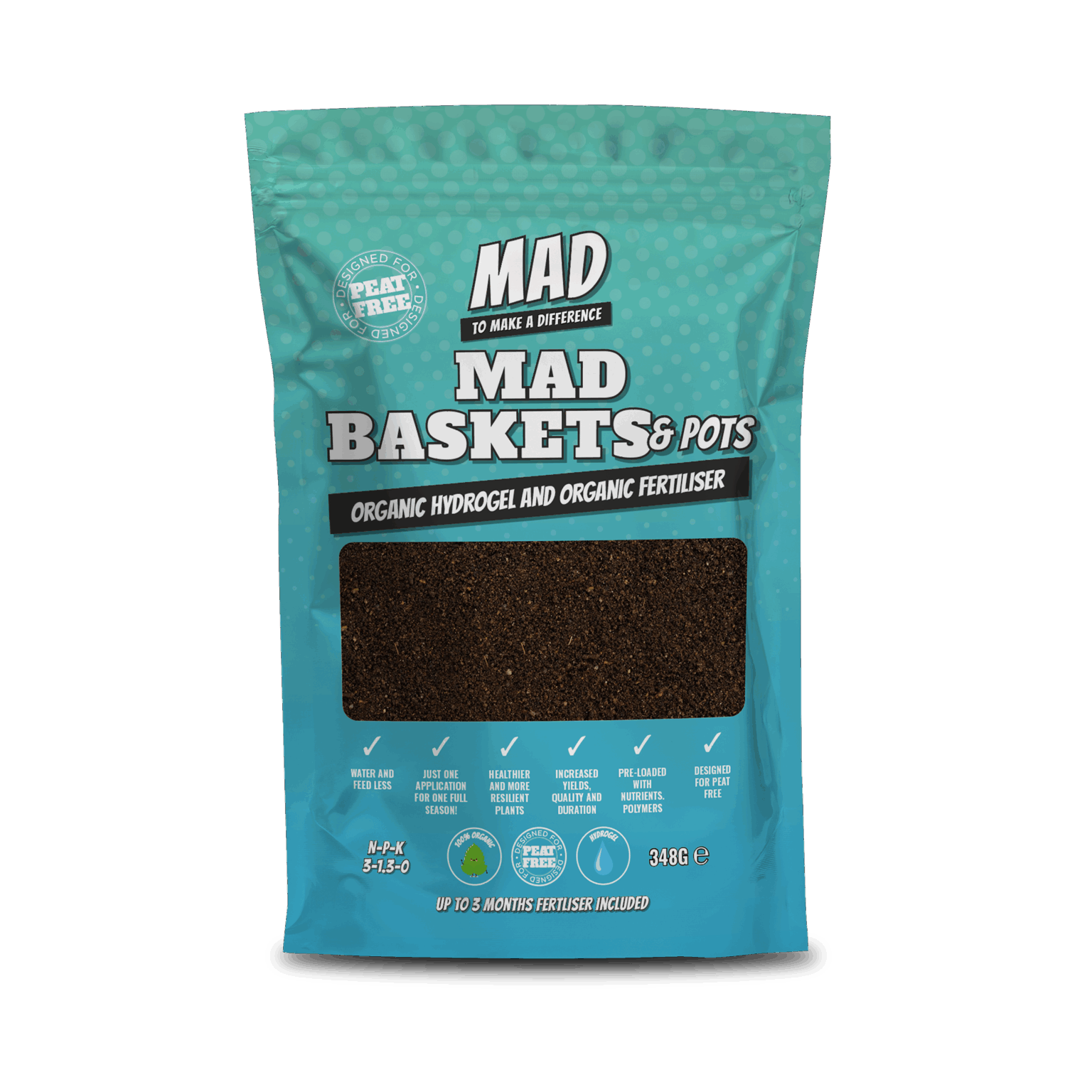 Blue package of MAD Baskets & Pots organic hydrogel and fertilizer on a green background