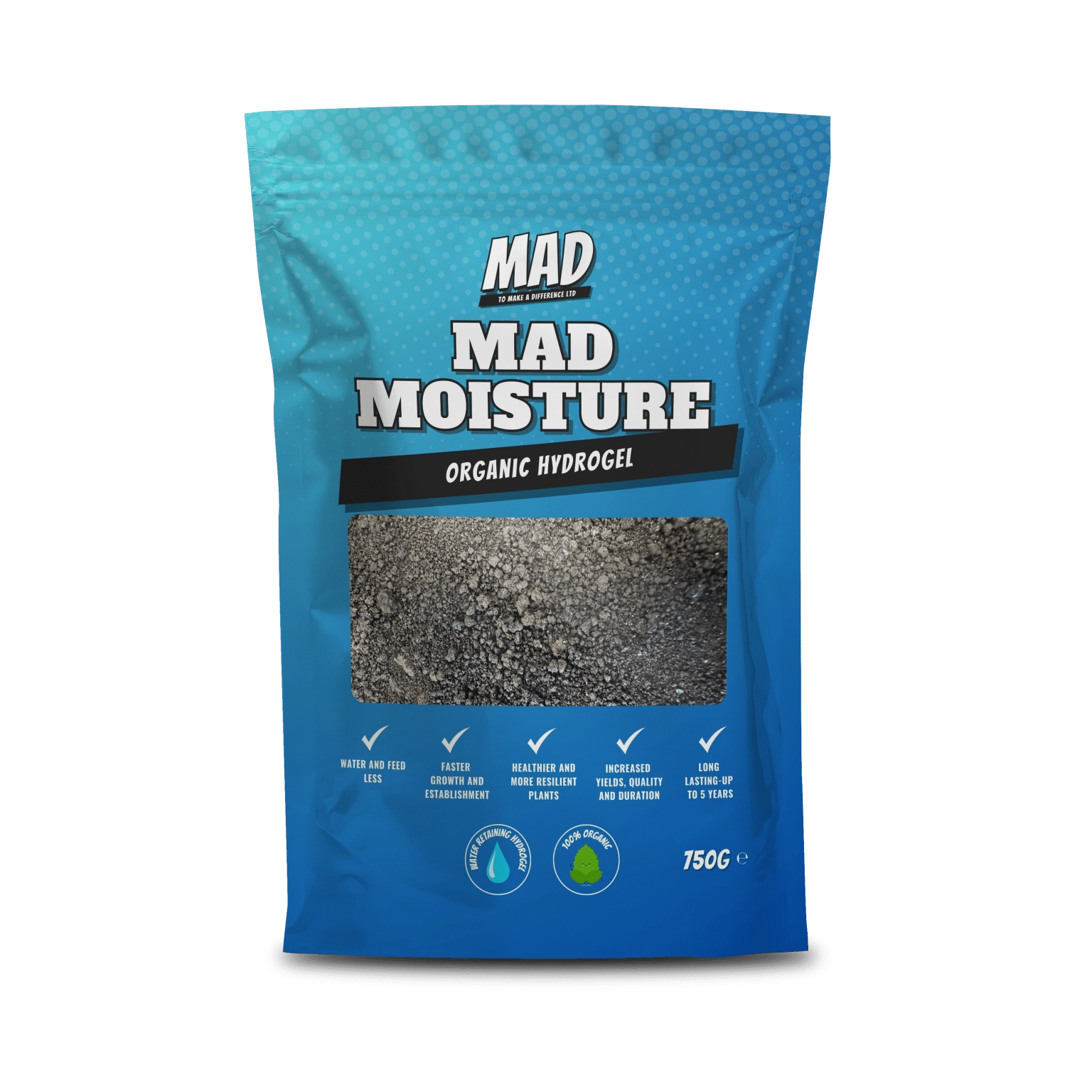 Blue package of MAD Moisture organic hydrogel on a white background