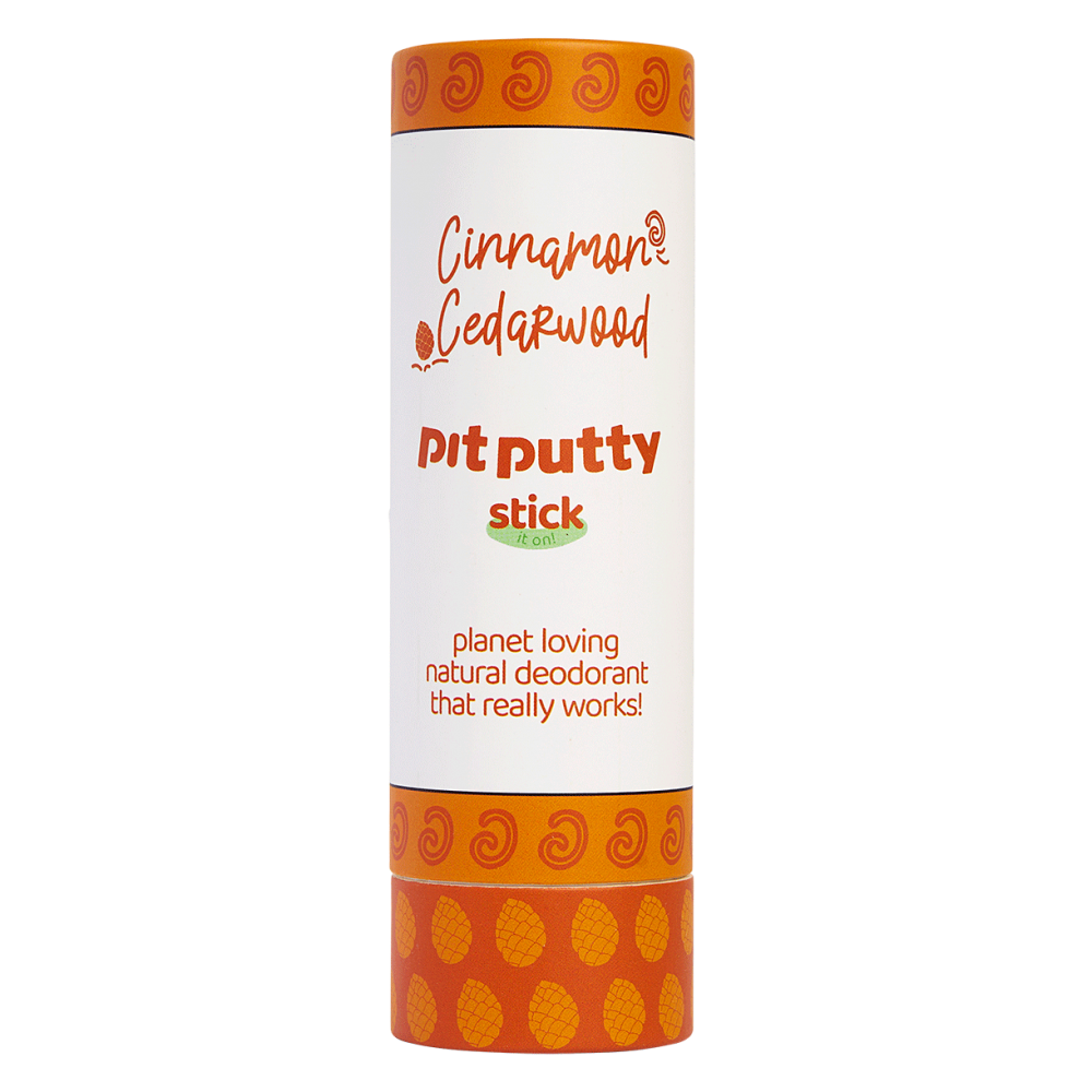 Cinnamon Cedarwood Pit Putty stick deodorant on a white background