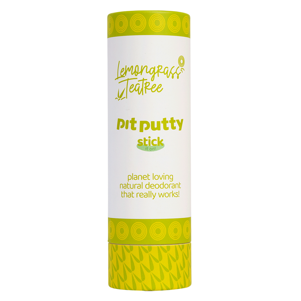 Pit putty stick packaging with lemongrass tea treee branding on a white background