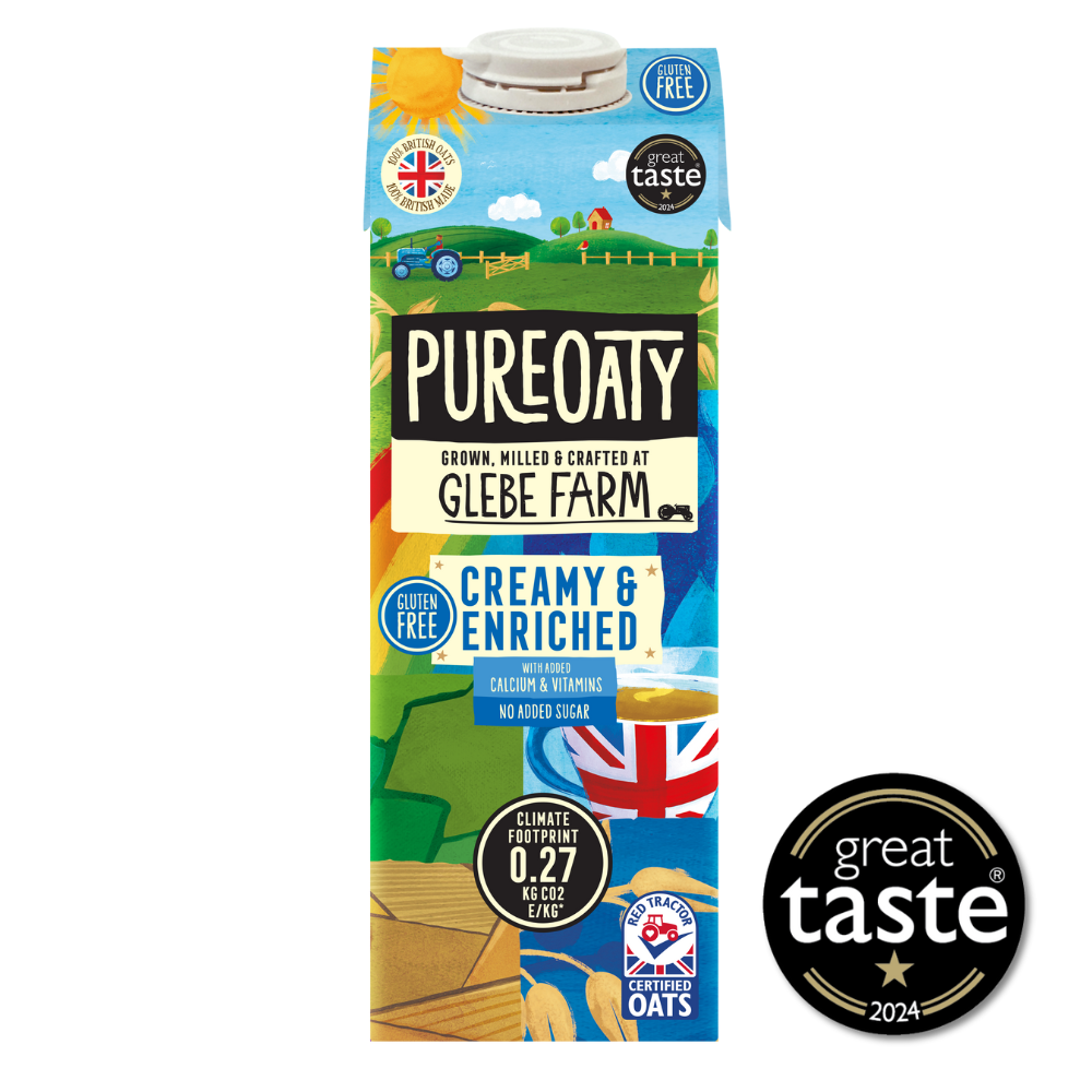 Pureoaty oat milk carton with branding and certification logos on a white background