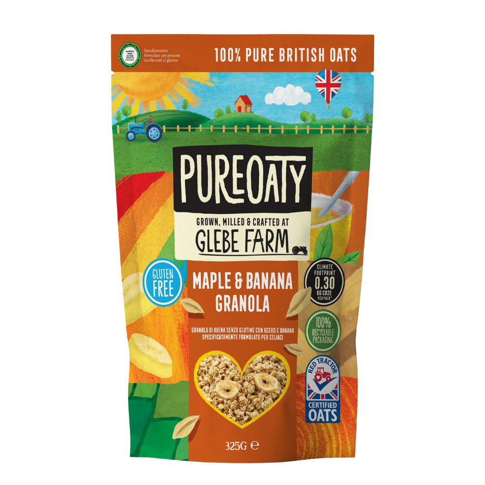 Package of PureOaty Maple & Banana Granola with colorful design on a white background