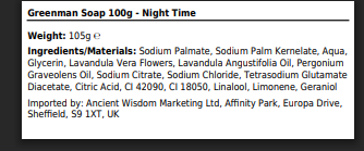Greenman Soap 100G Night Time label with ingredients and details.