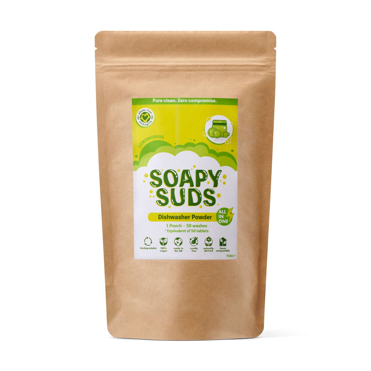 Kraft paper packaging of Soapy Suds dishwasher powder on a white background
