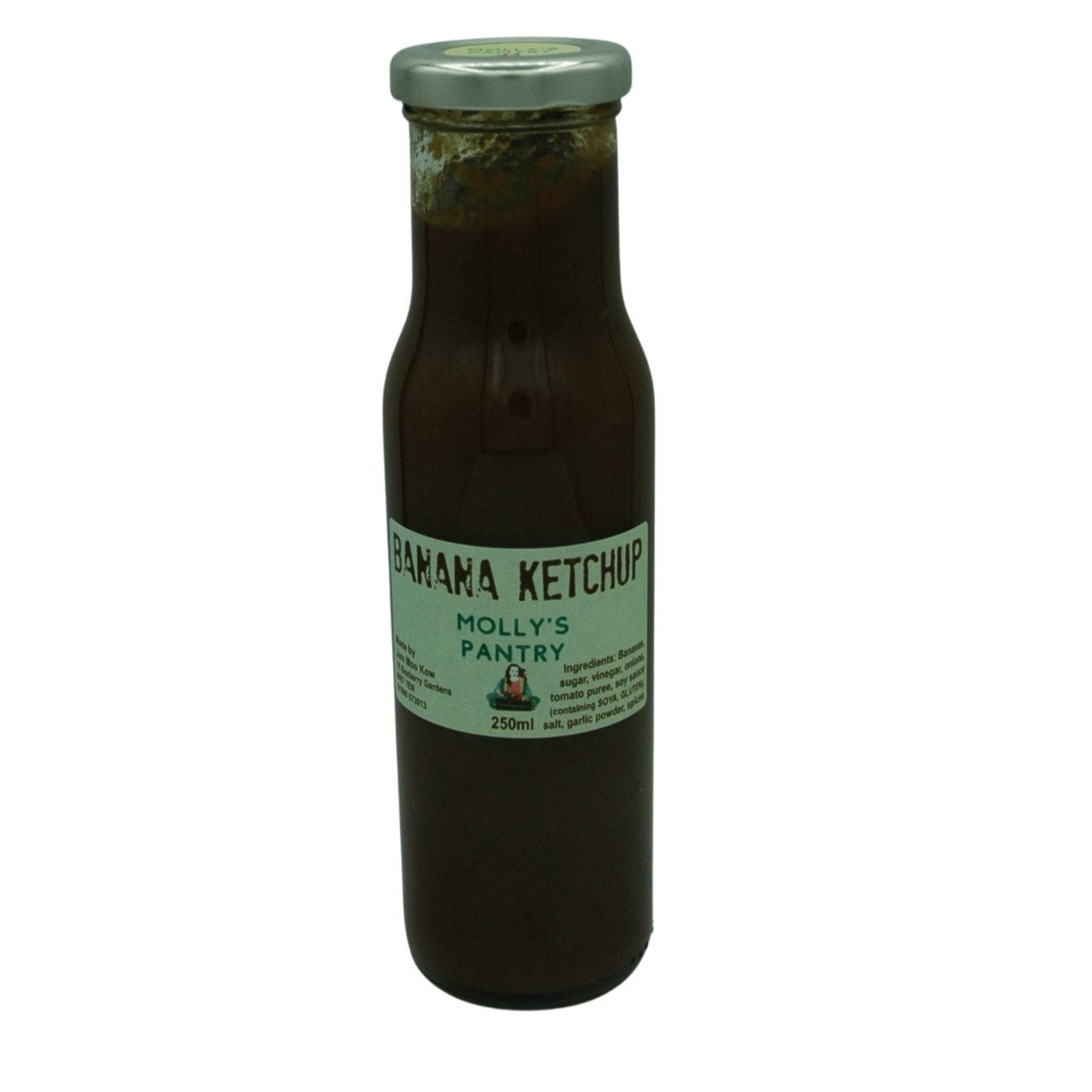 Bottle of banana ketchup from Molly's Pantry on a white background