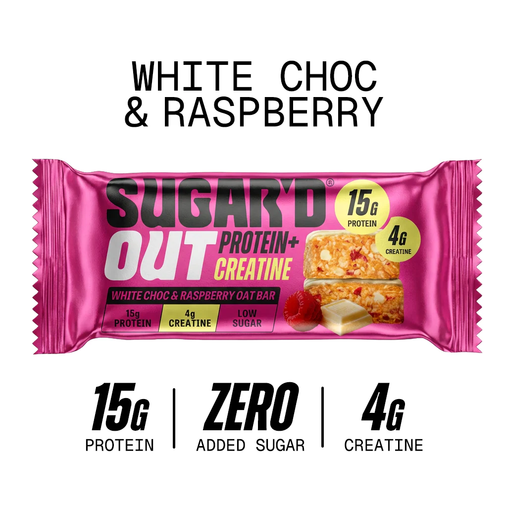 Pink protein bar packaging with text 'White Choc & Raspberry' on a white background