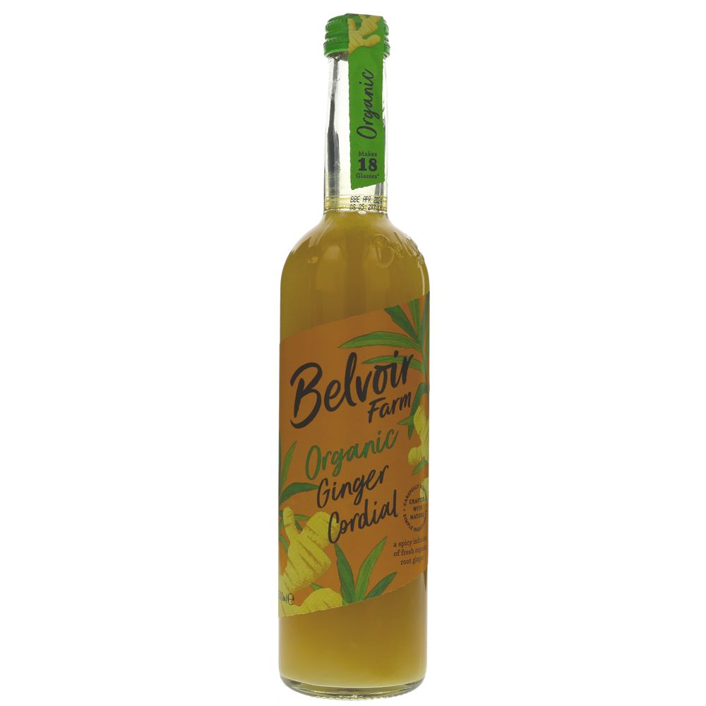 Bottle of Belvoir Farm Organic Ginger Cordial on a white background
