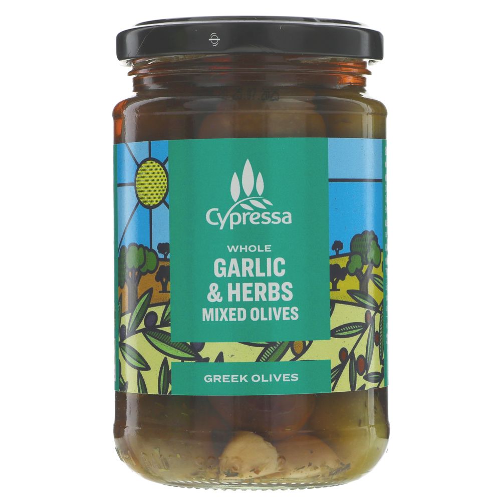 Jar of Cypressa whole garlic & herbs mixed olives on a white background