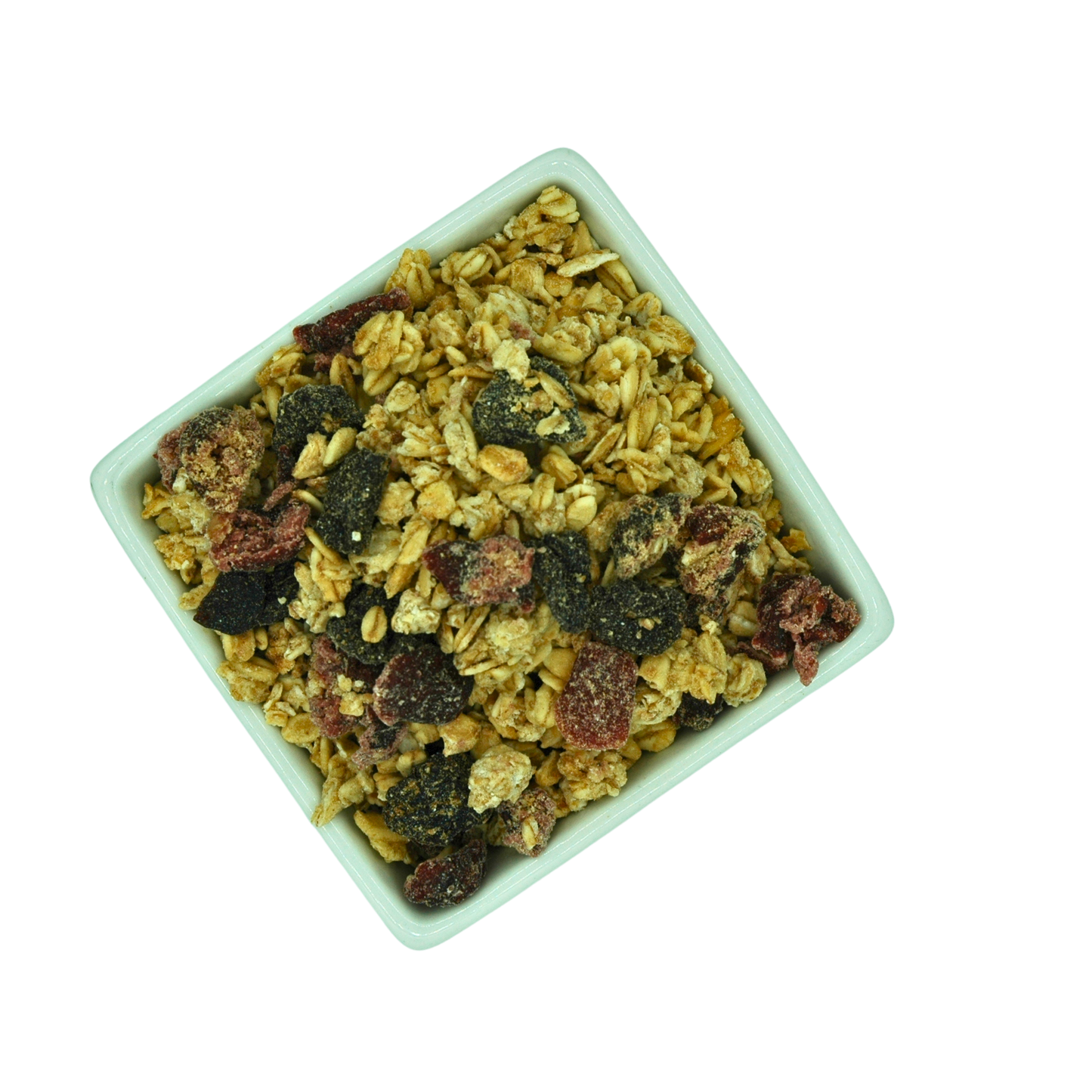 Square bowl filled with a mix of dried fruit and oat granola on a white background