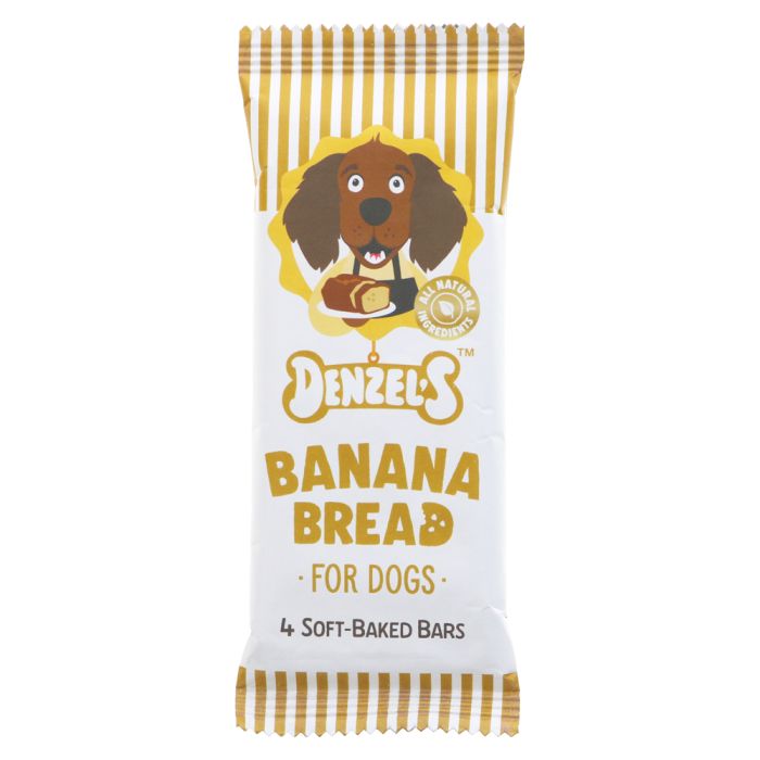 A single wrapped dog treat bar package labeled Denzel's Banana Bread for Dogs, with a white wrapper, gold striped top and bottom, and a cartoon dachshund holding a banana.