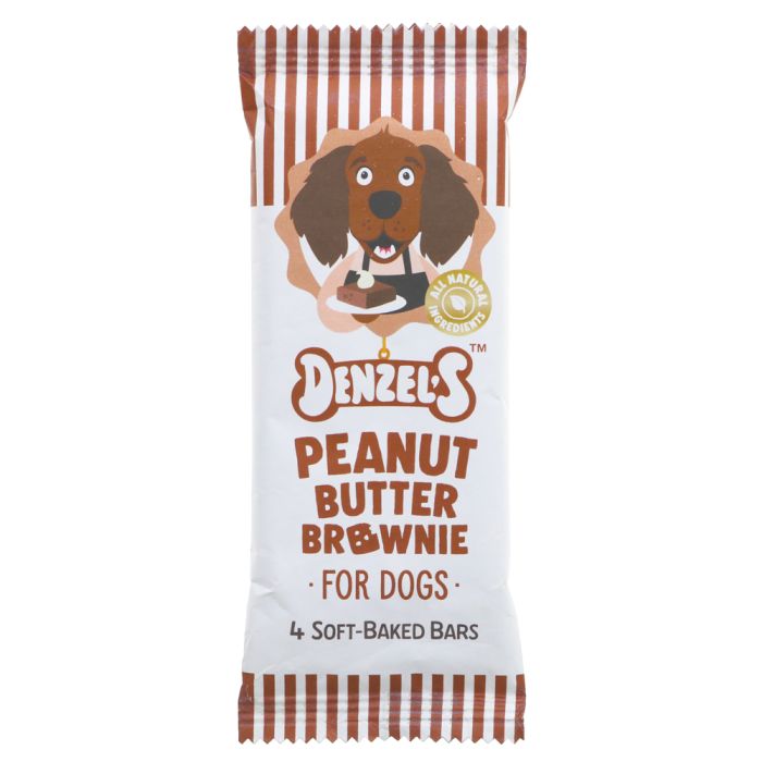 A package of Denzels Peanut Butter Brownie for Dogs, featuring a white wrapper with brown and orange stripes, a cartoon dachshund holding a brownie, and product text on a white background.