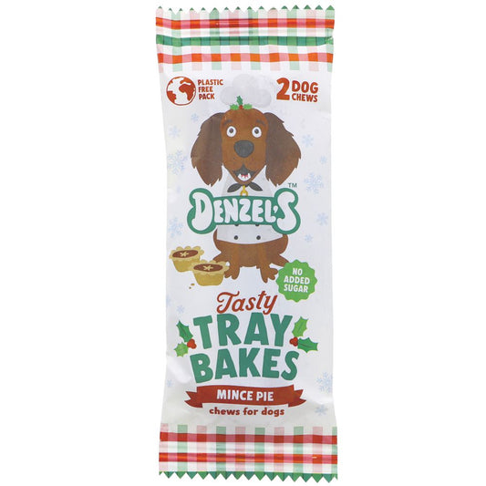 Denzel's Tasty Tray Bakes Mince Pie dog chews packaging on a white background