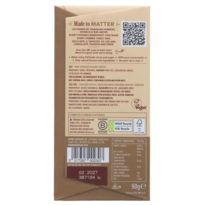 Back packaging of a 90g bar of Fairtrade chocolate, featuring detailed product information, ingredients, a QR code, and recycling logos on a brown background.