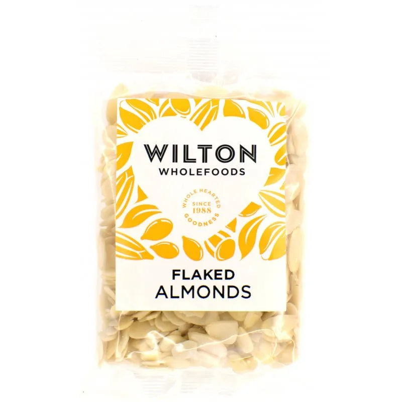 Pack of Wilton Wholefoods flaked almonds on a white background