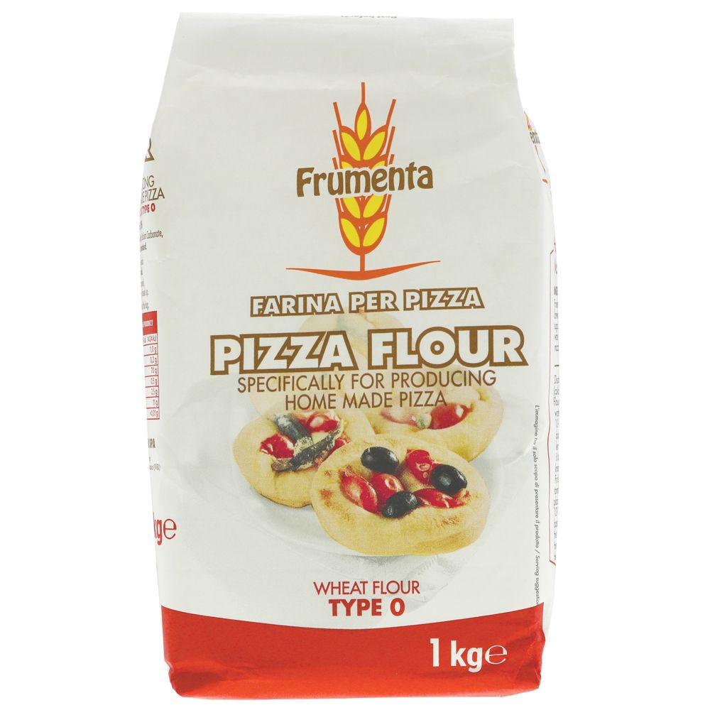 Bag of Frumenta pizza flour with a pizza image on a white background