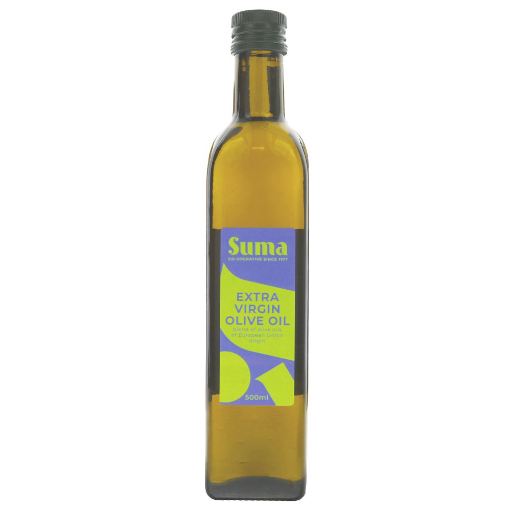 Bottle of Suma extra virgin olive oil on a white background