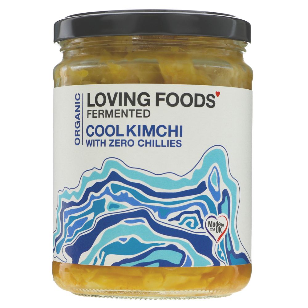 Jar of 'Loving Foods' fermented cool kimchi with a white label