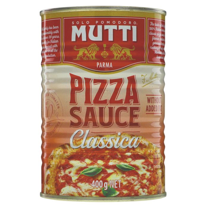 A 400g can of Mutti Parma Pizza Sauce Classica, featuring a red and beige label with a photo of a pizza topped with fresh basil.