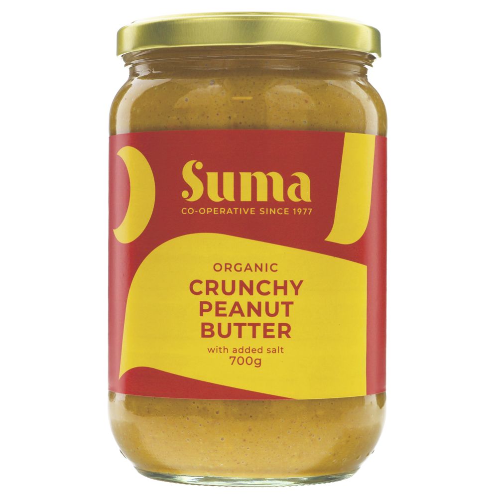 Jar of Suma organic crunchy peanut butter with a red and yellow label on a white background