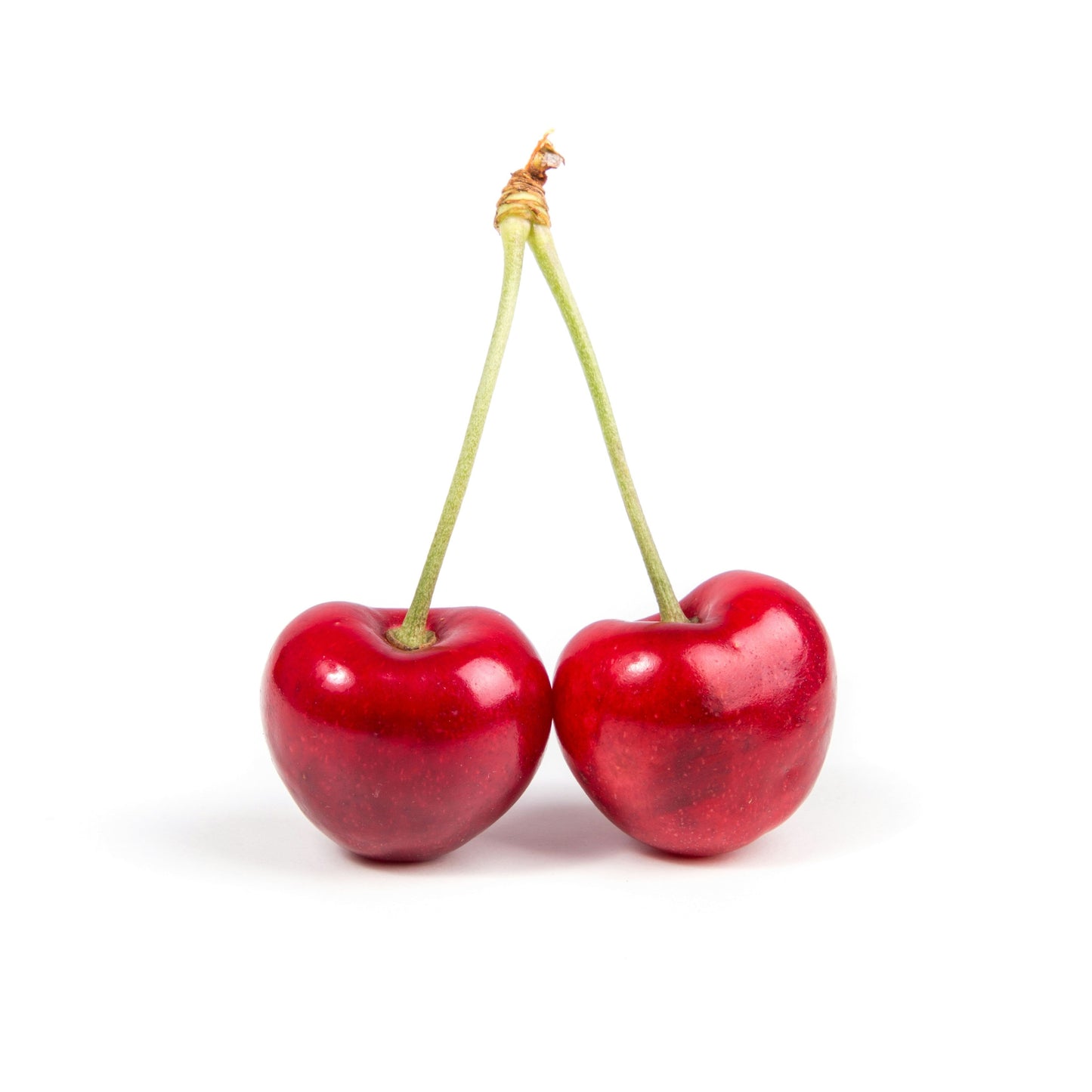 Two red cherries on a white background
