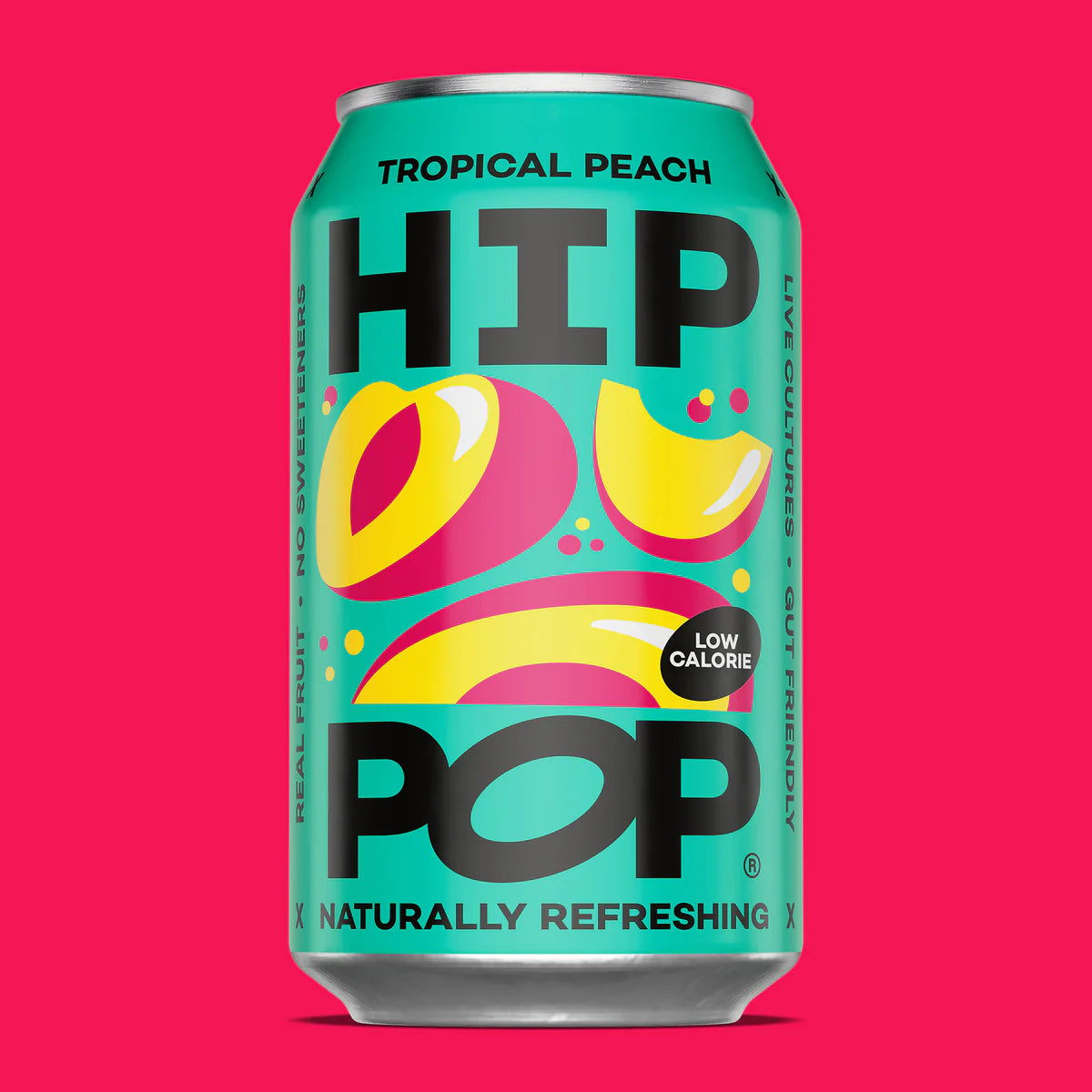 Can of Hip Pop Tropical Peach soda on a pink background
