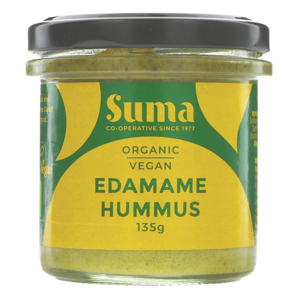 Jar of Suma Edamame Hummus on a white background