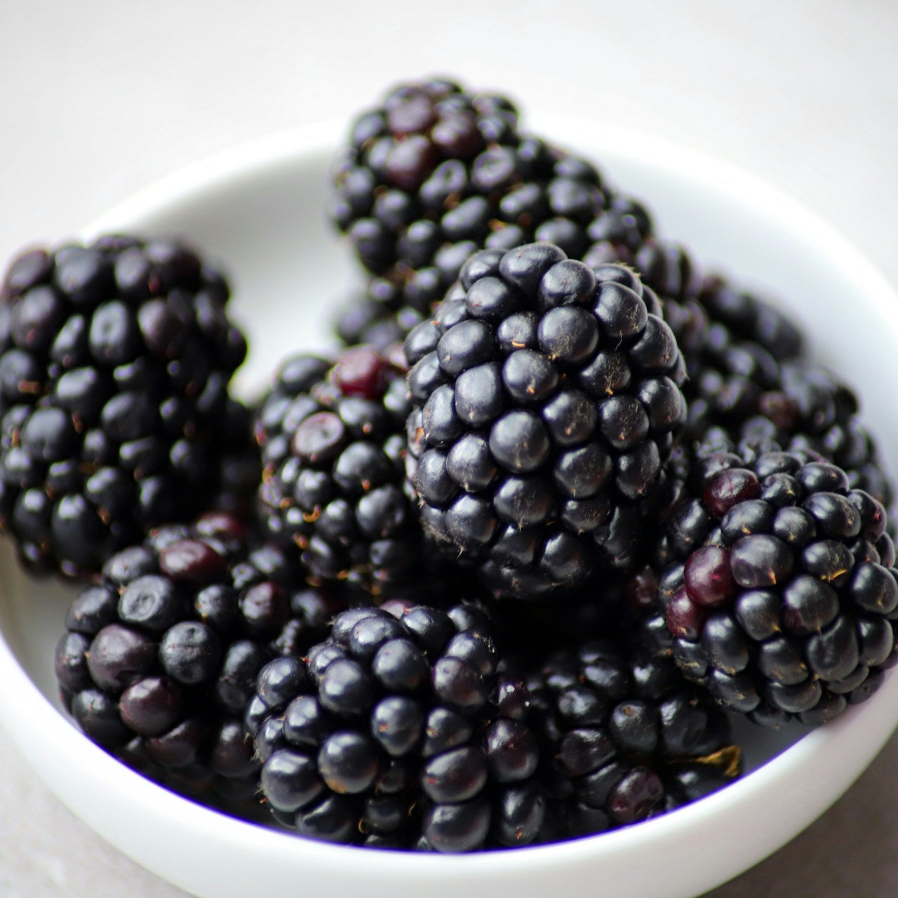 Blackberries in a white bowl on a light background