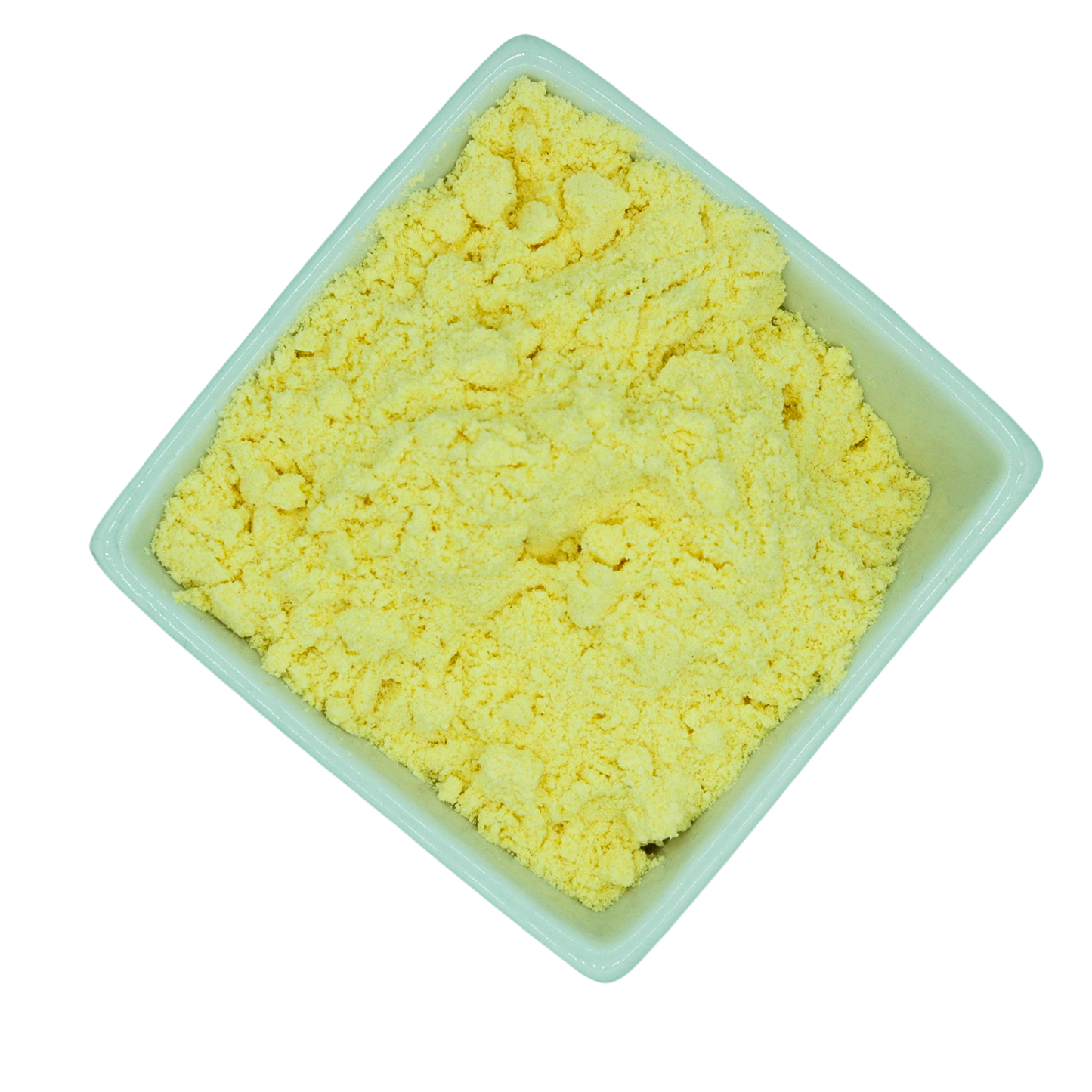 Yellow powder fine polenta in a white container on a white background