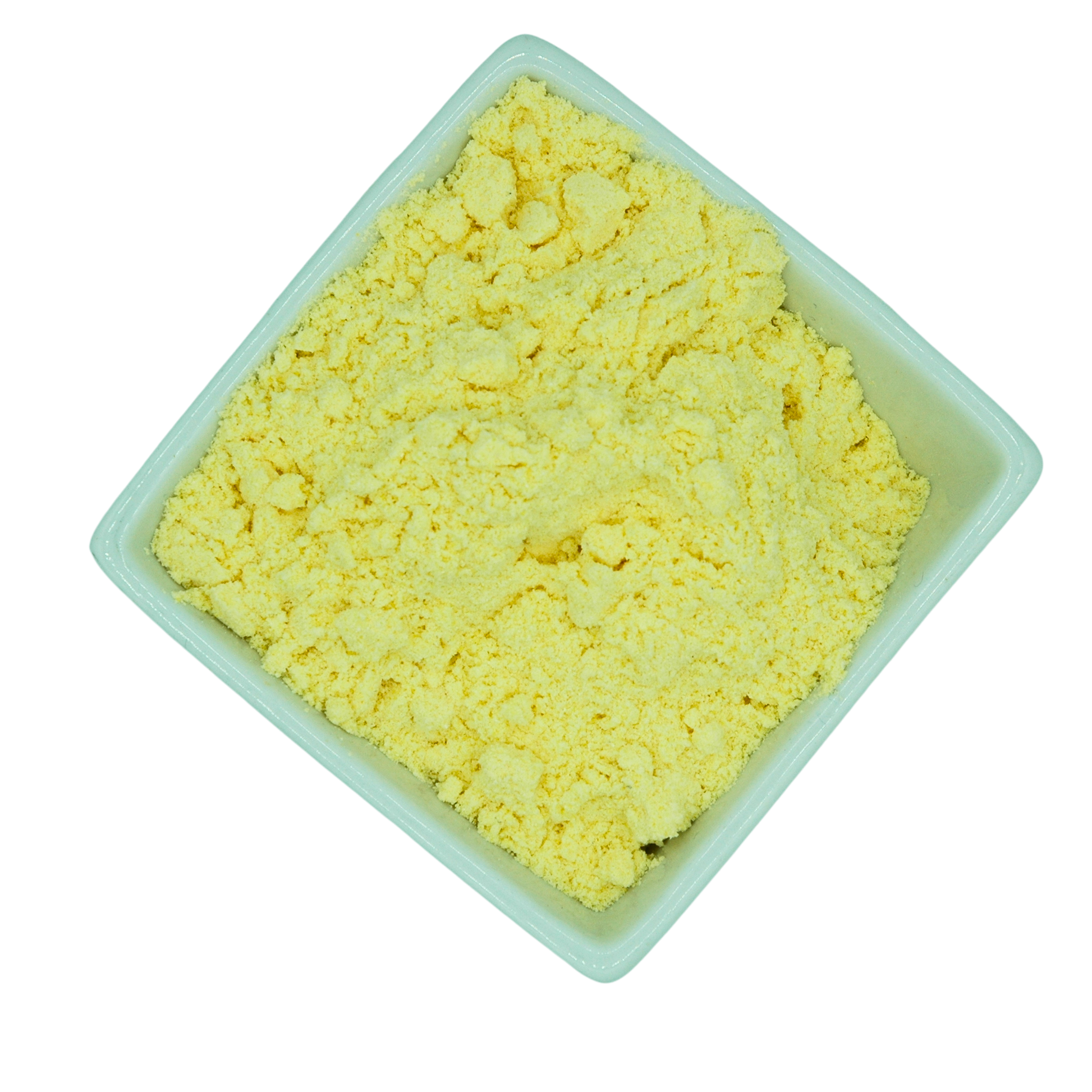 Yellow powder fine polenta in a white container on a white background