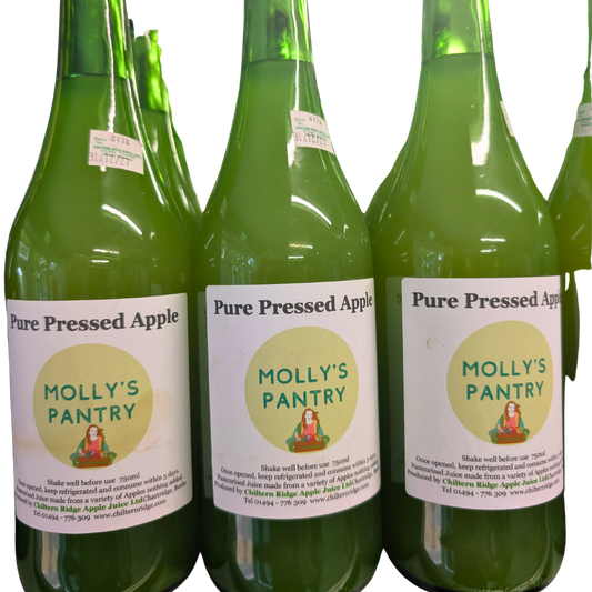 Three bottles of 'Pure Pressed Apple' from Molly's Pantry on a white background