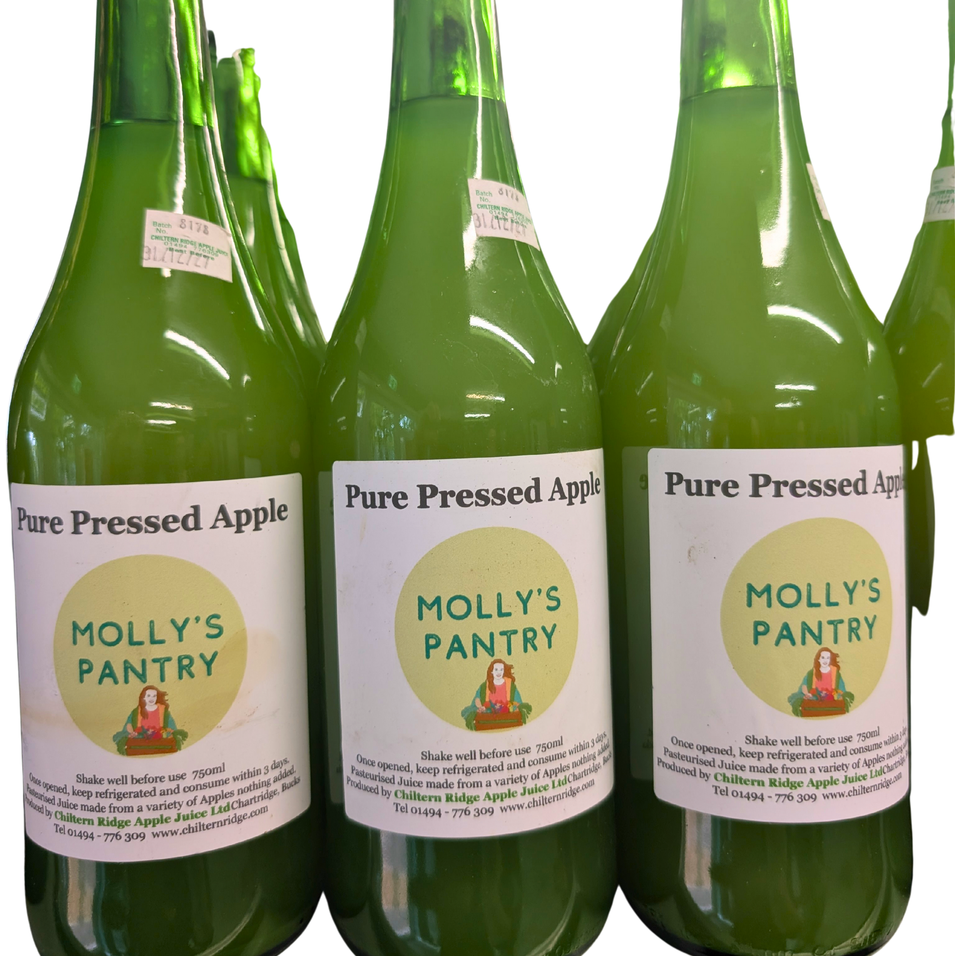 Three bottles of 'Pure Pressed Apple' from Molly's Pantry on a white background