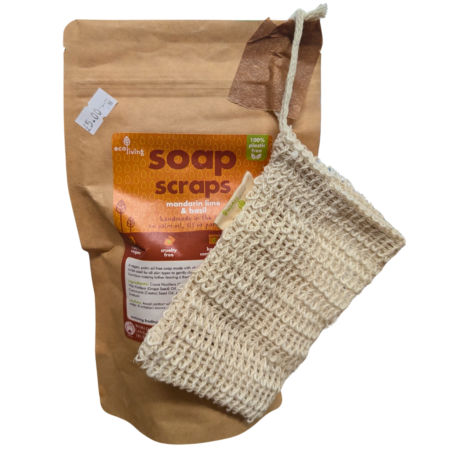 Bag of soap scraps with a reusable soap dish on a white background