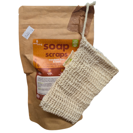 Bag of soap scraps with a reusable soap dish on a white background