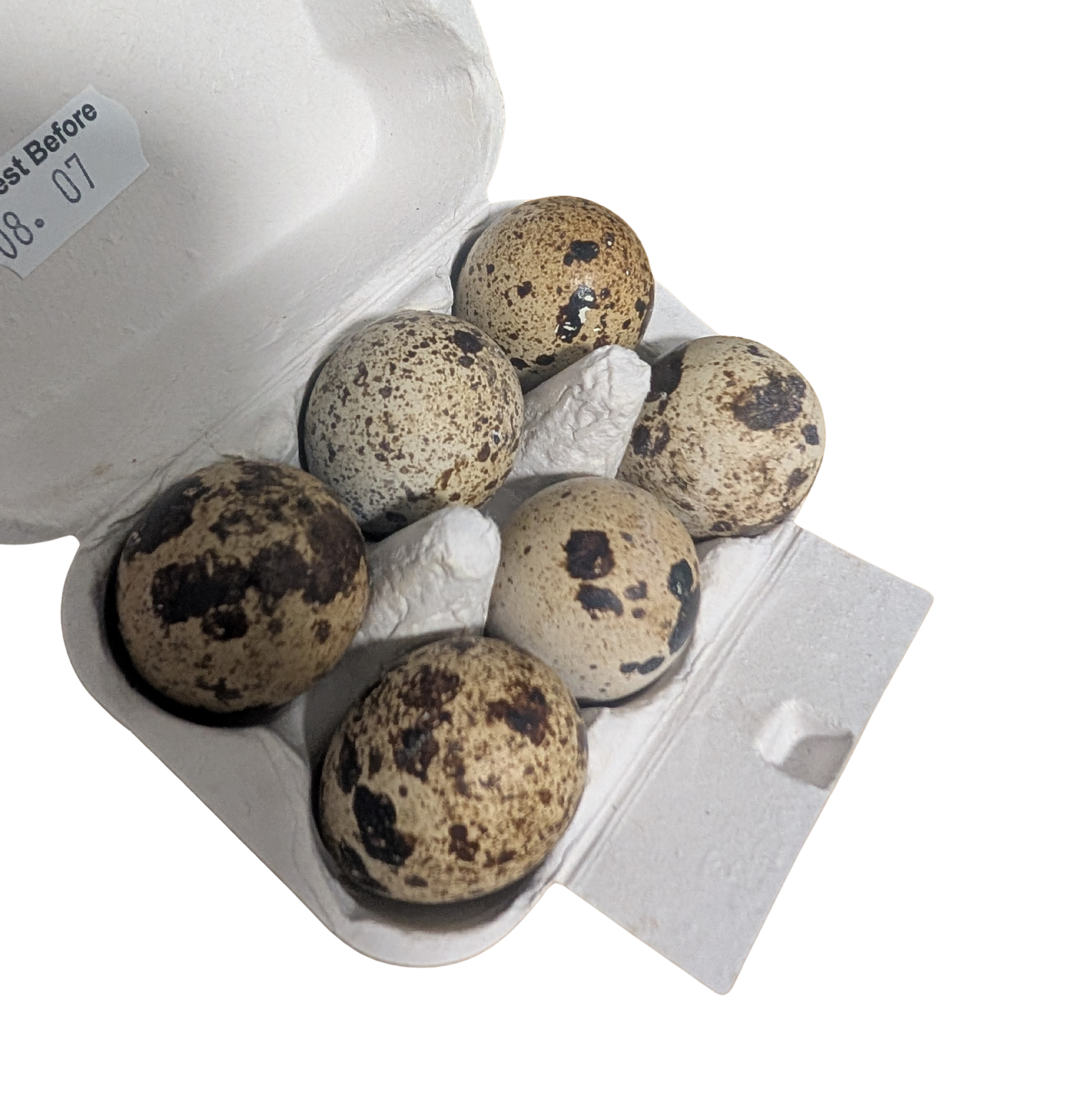 Quail eggs in a cardboard carton on a white background