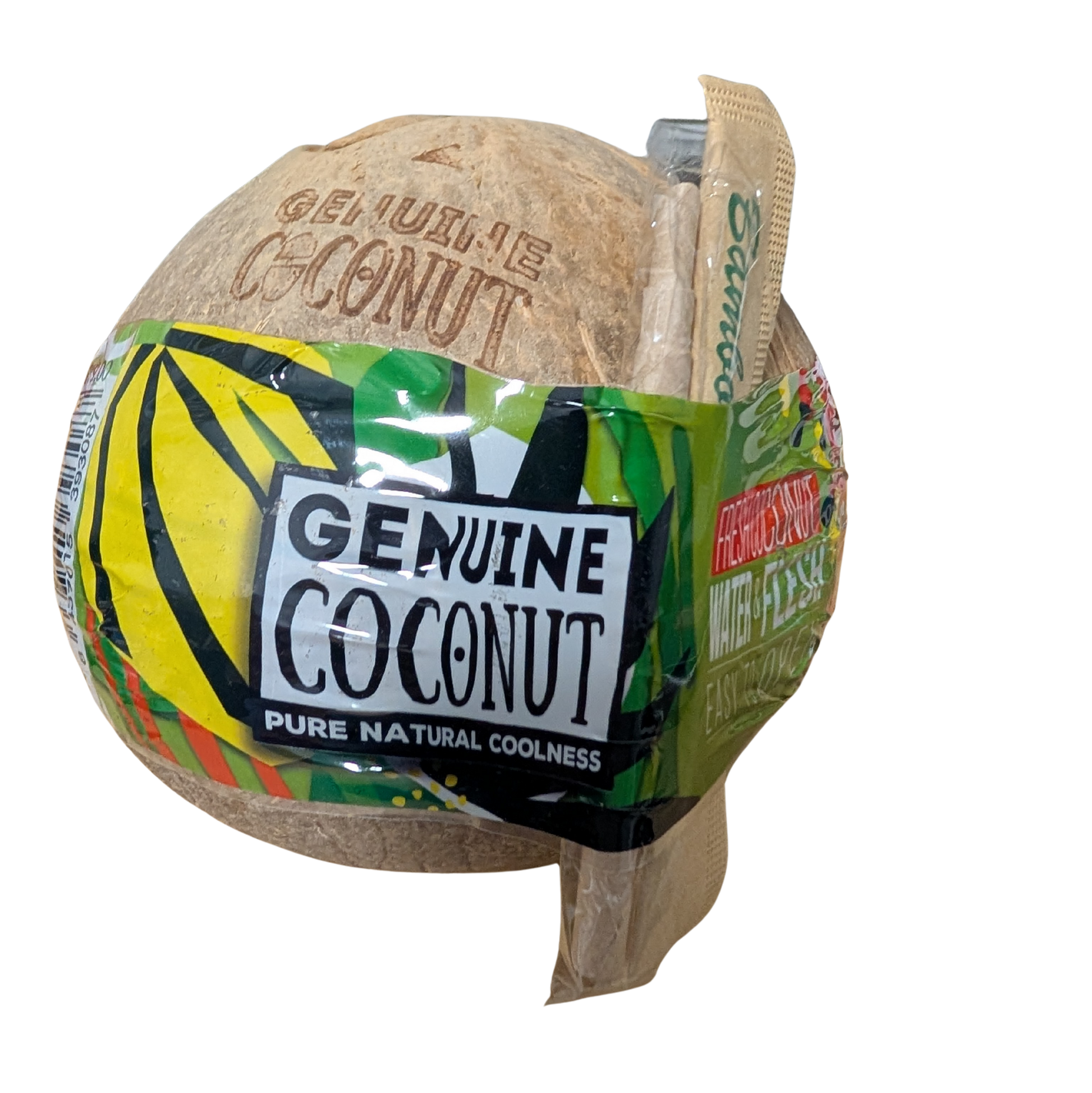 Coconut with packaging labeled 'Genuine Coconut' on a white background