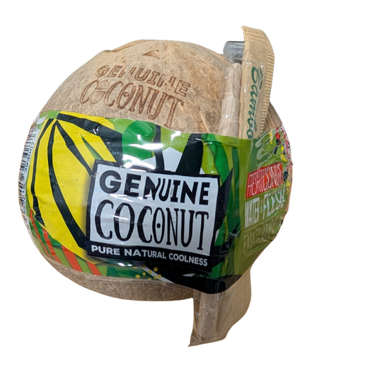 Coconut with packaging labeled 'Genuine Coconut' on a white background