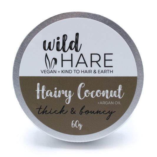 Wild Hare hair product container with 'Hairy Coconut' label on a white background