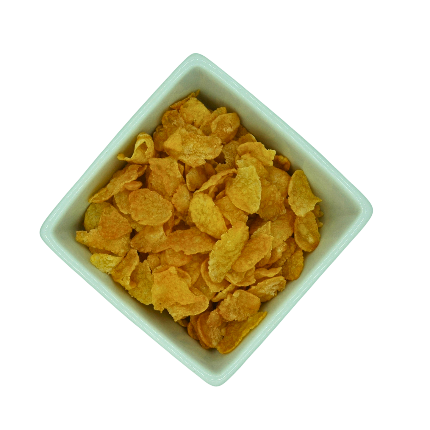 White bowl filled with yellow cornflakes on a white background