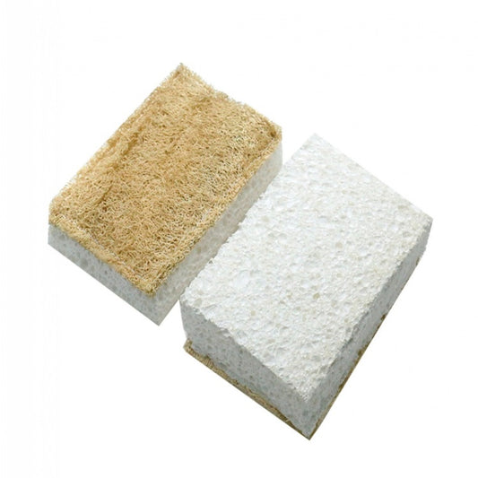 Two sponges, one beige and one white, on a white background